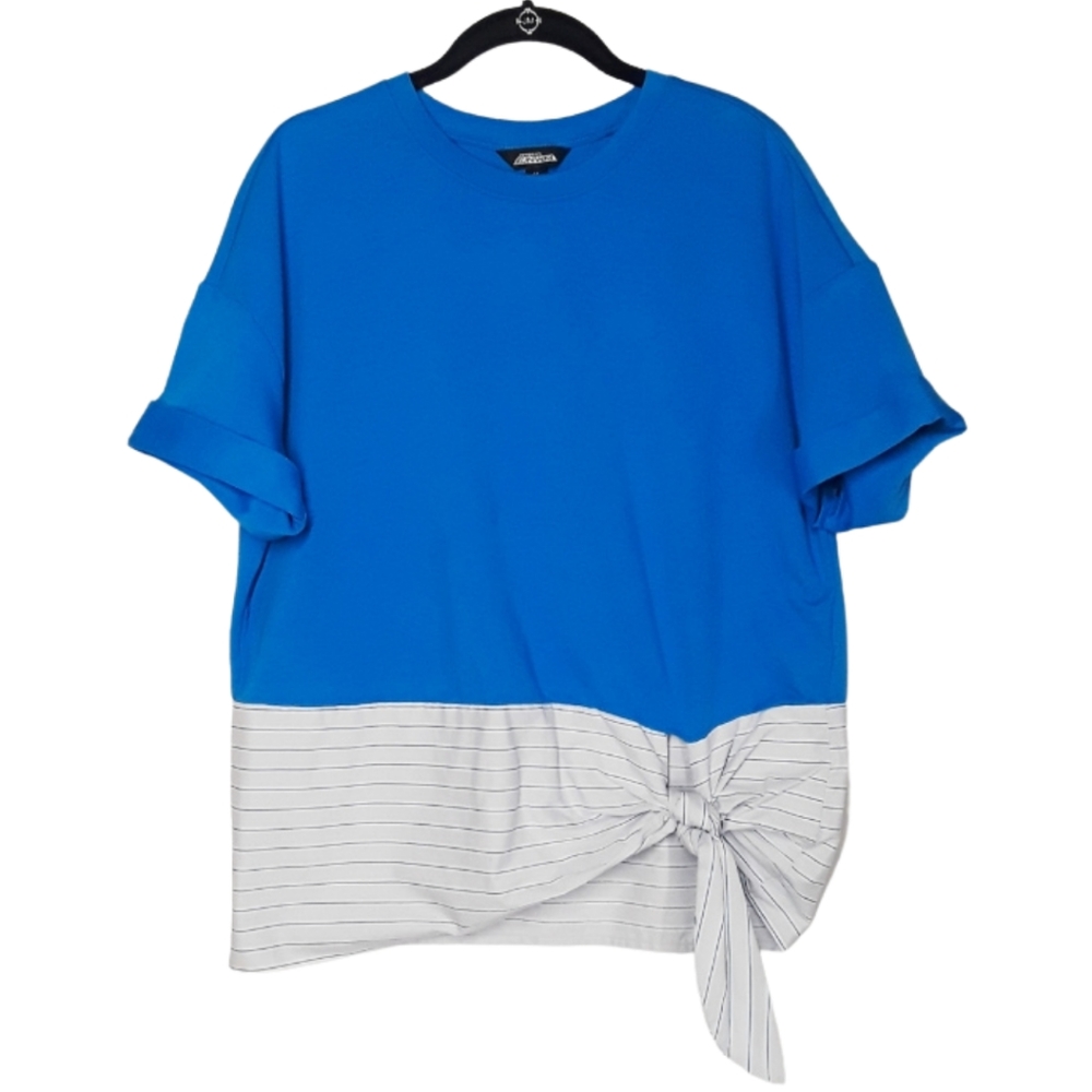 PROJECT RUNWAY Blue Short Sleeve Pinstripe Tie Knot Top Medium